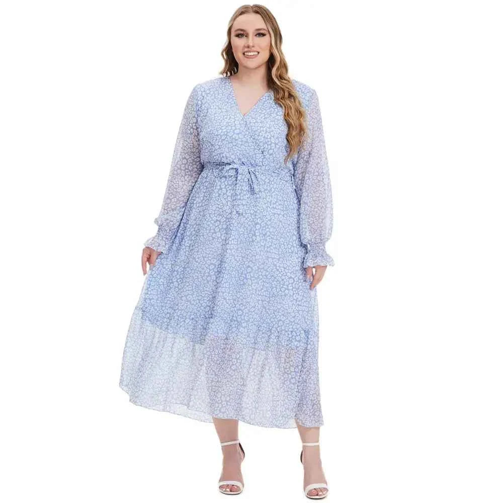 Plus Size Floral Maxi Dress - Long Sleeve V-Neck