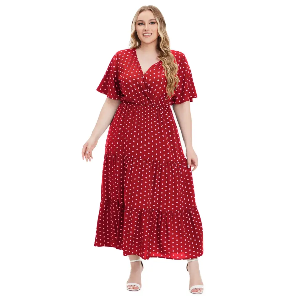 Plus Size Polka Dot Boho Maxi Dress - V-Neck & Short Sleeve - Thick & Beautiful