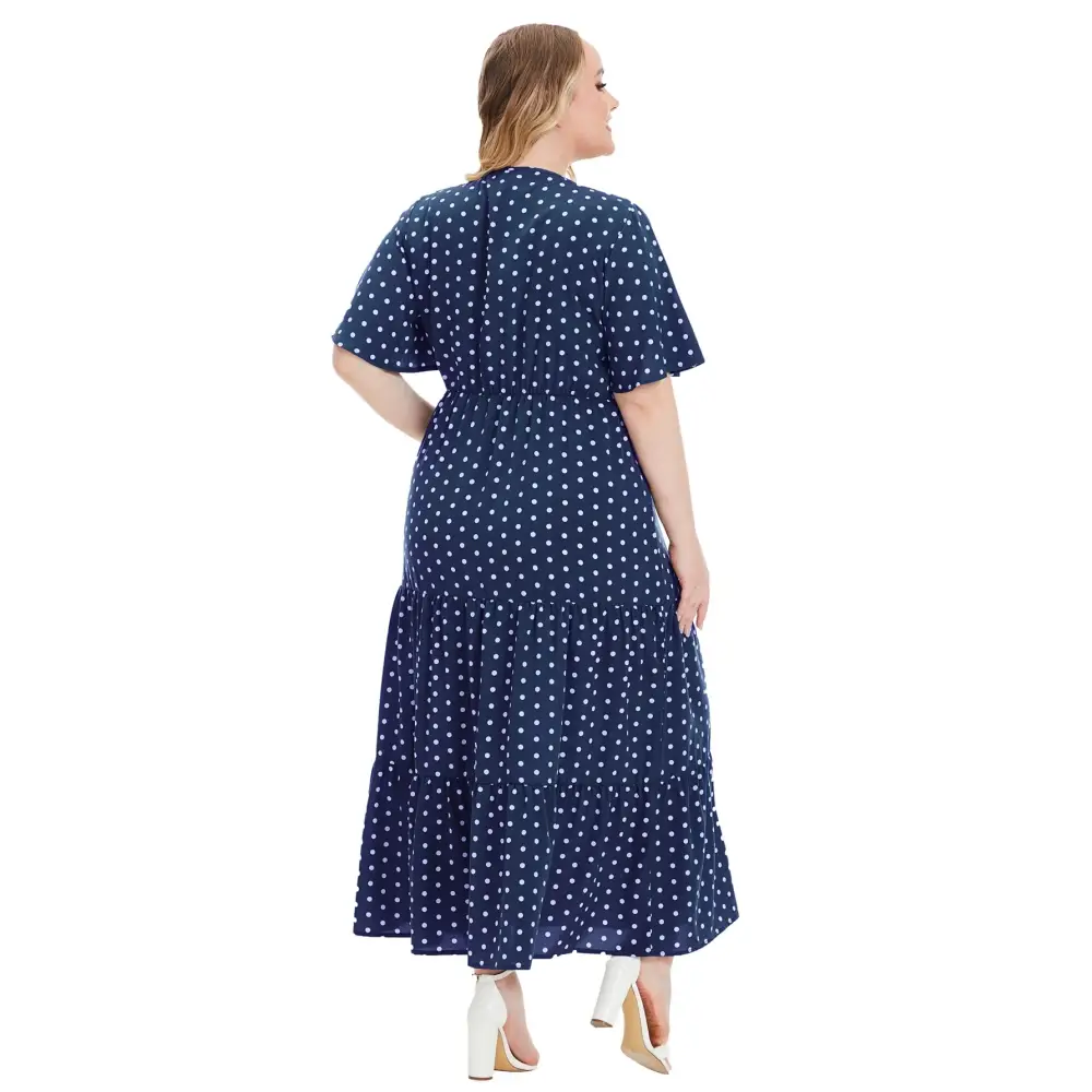 Plus Size Polka Dot Boho Maxi Dress - V-Neck & Short Sleeve - Thick & Beautiful