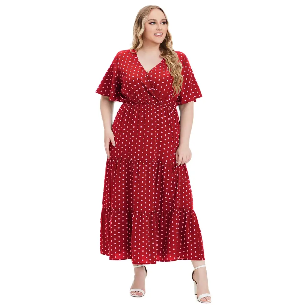 Plus Size Polka Dot Boho Maxi Dress - V-Neck & Short Sleeve - Thick & Beautiful