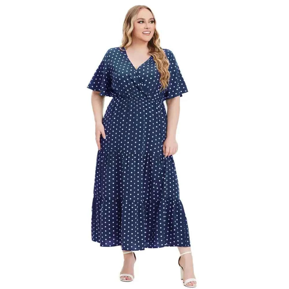 Plus Size Polka Dot Boho Maxi Dress - V-Neck & Short Sleeve