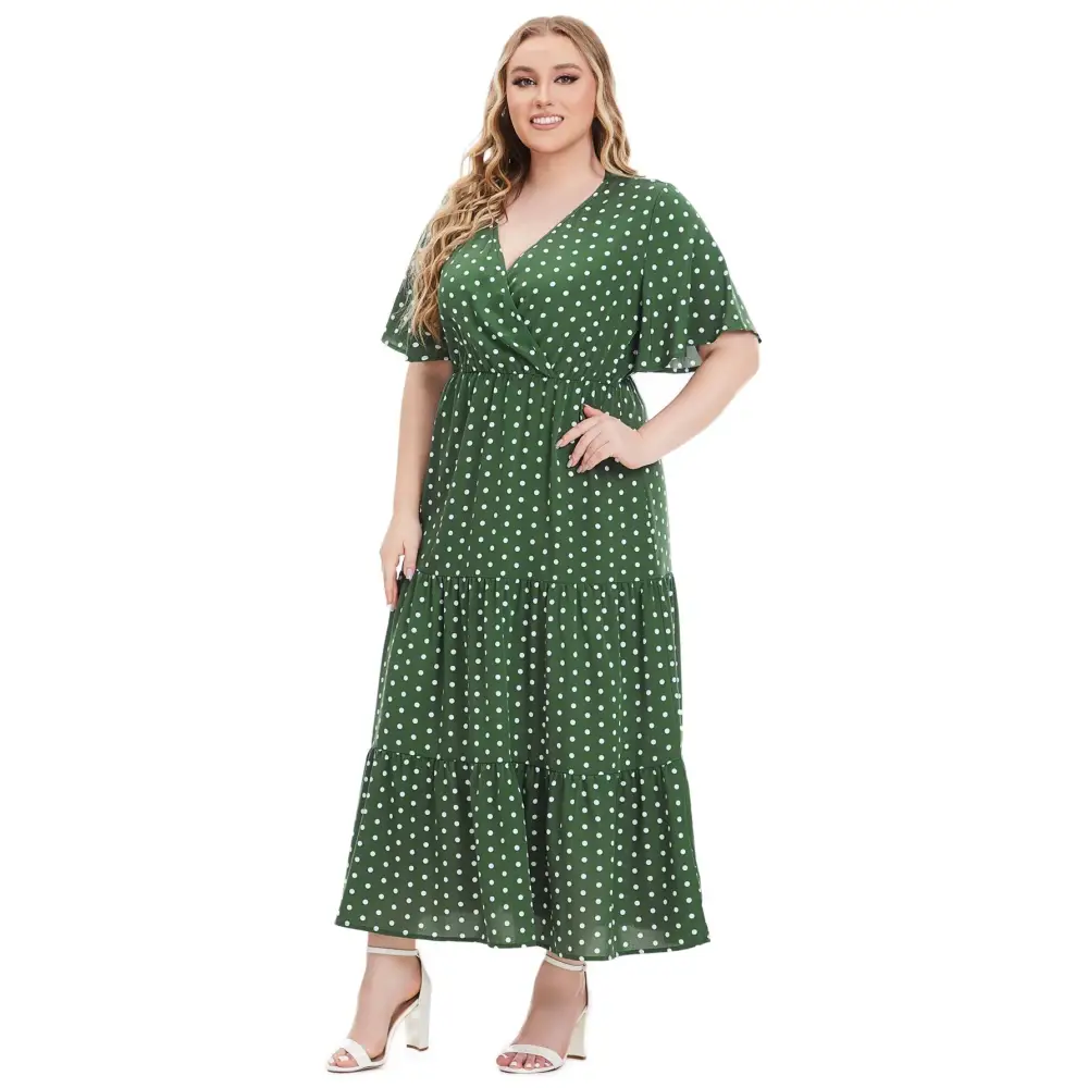 Plus Size Polka Dot Boho Maxi Dress - V-Neck & Short Sleeve - Thick & Beautiful