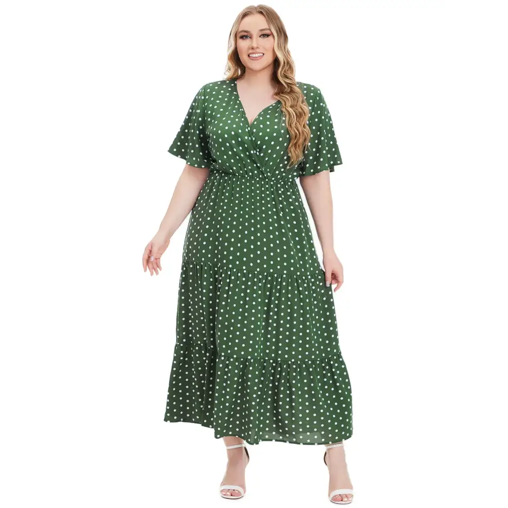 Plus Size Polka Dot Boho Maxi Dress - V-Neck & Short Sleeve - Thick & Beautiful