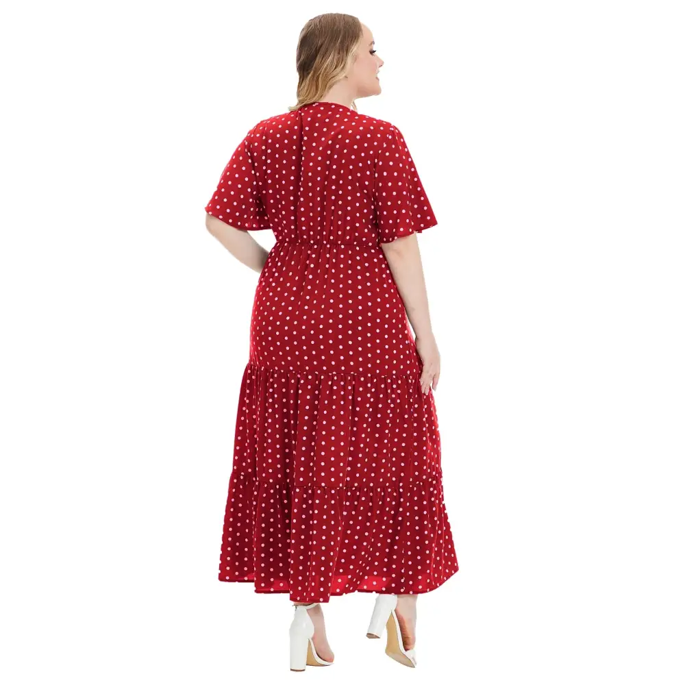 Plus Size Polka Dot Boho Maxi Dress - V-Neck & Short Sleeve - Thick & Beautiful