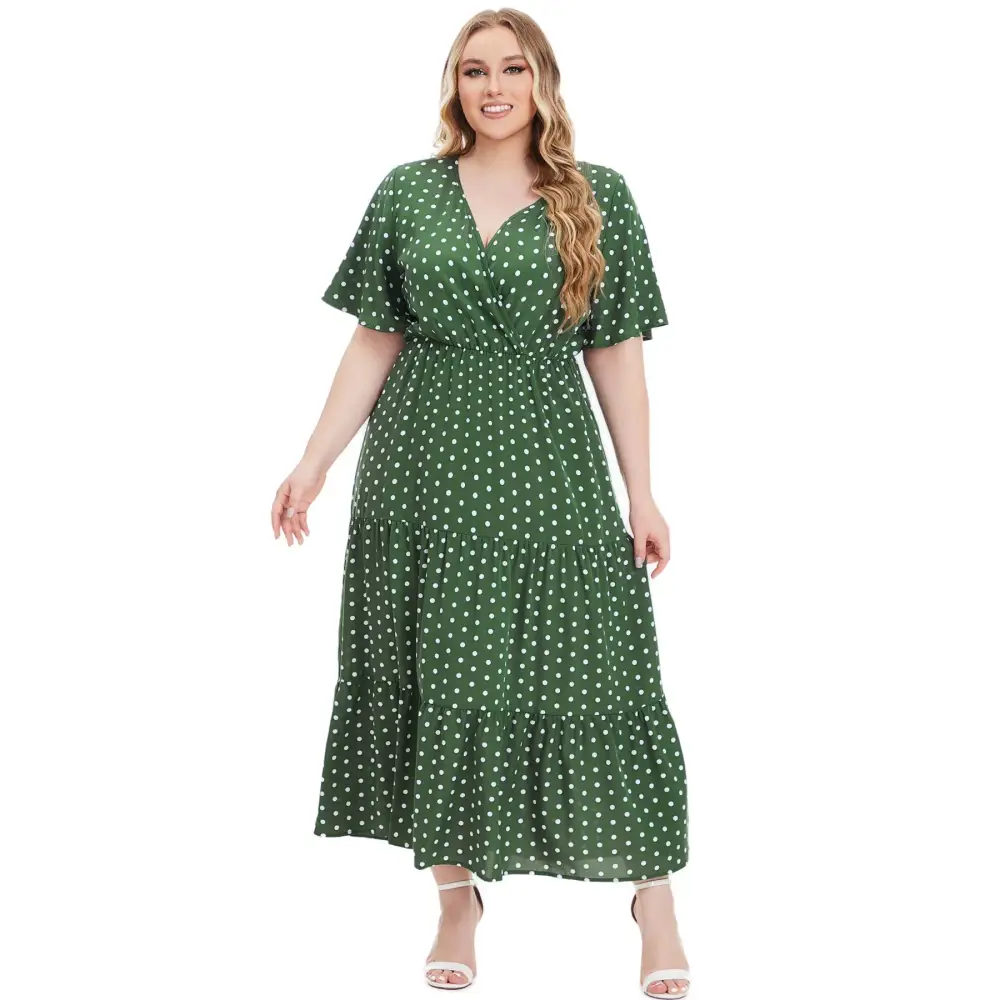Plus Size Polka Dot Boho Maxi Dress - V-Neck & Short Sleeve - Thick & Beautiful