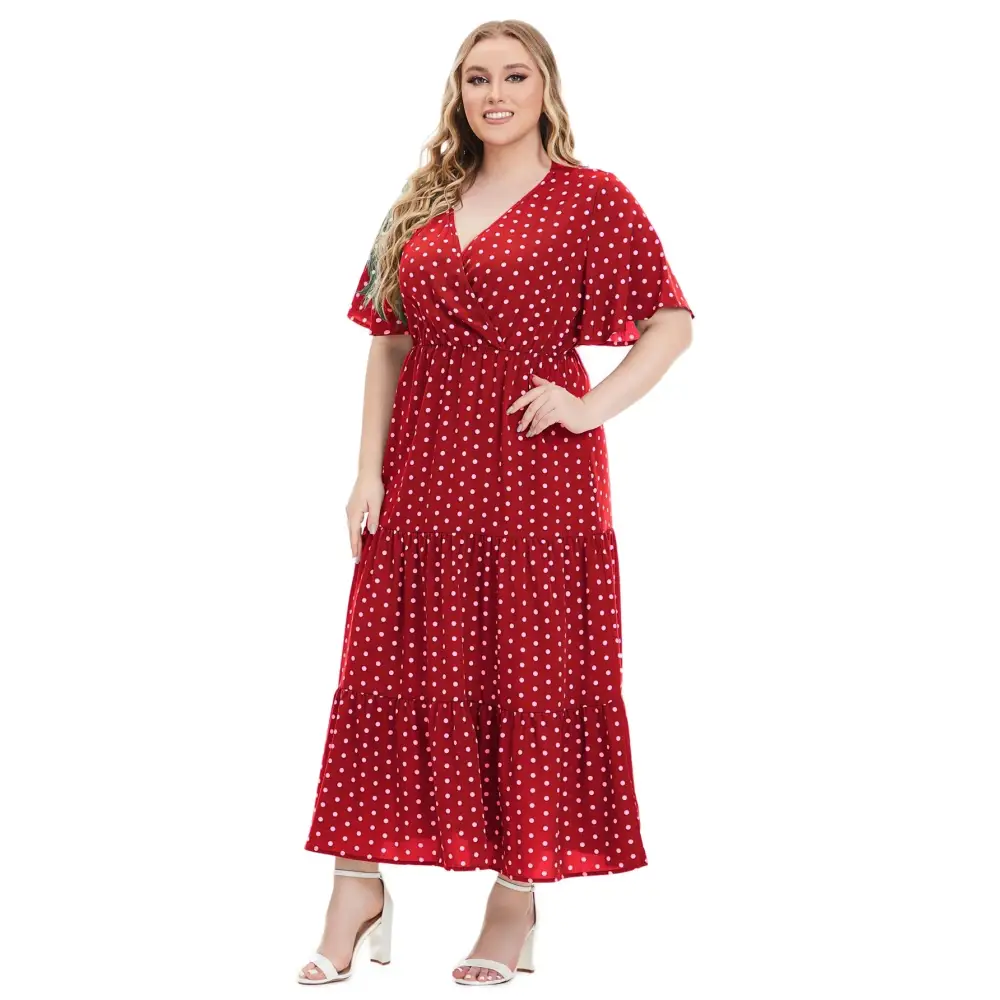 Plus Size Polka Dot Boho Maxi Dress - V-Neck & Short Sleeve - Thick & Beautiful