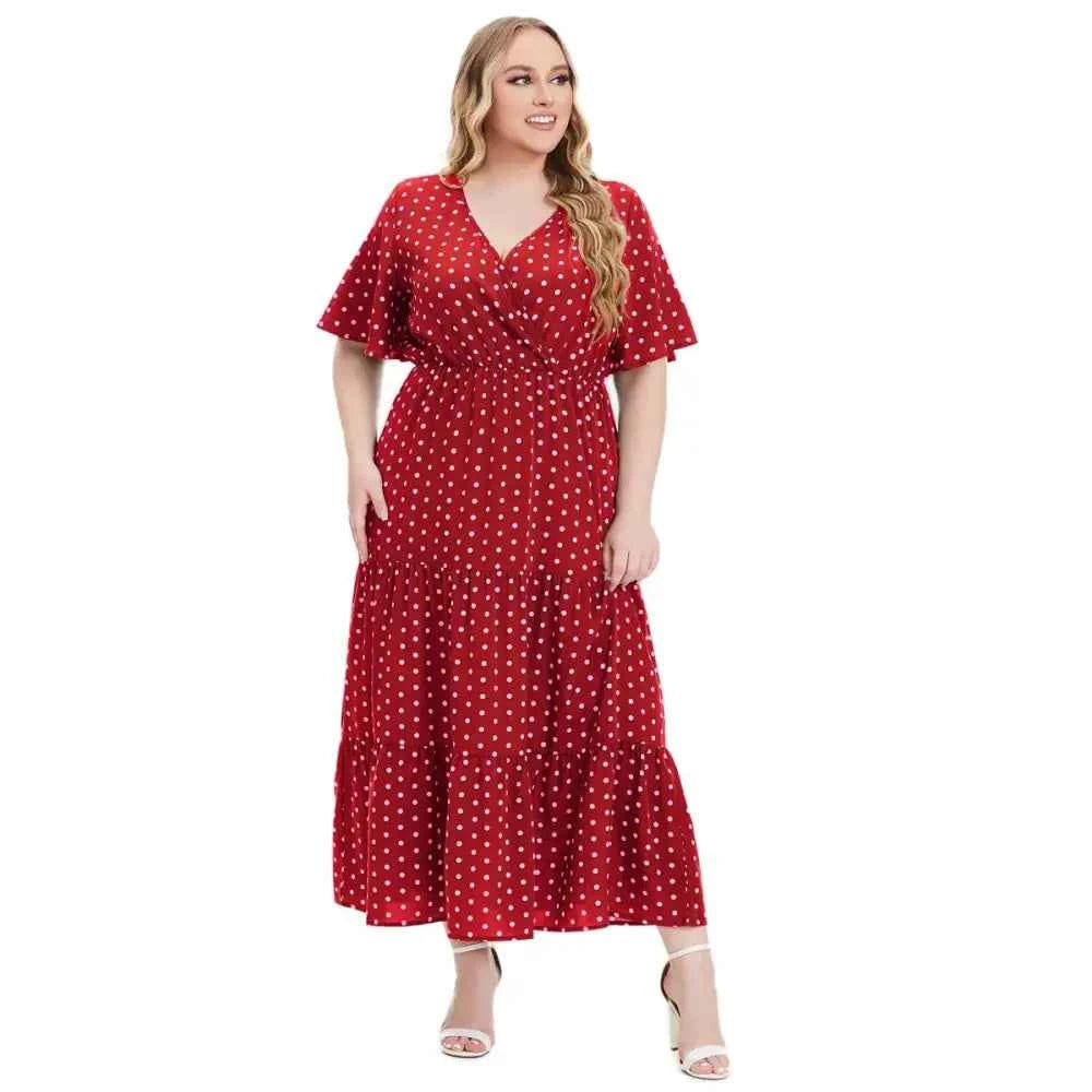 Plus Size Polka Dot Boho Maxi Dress - V-Neck & Short Sleeve
