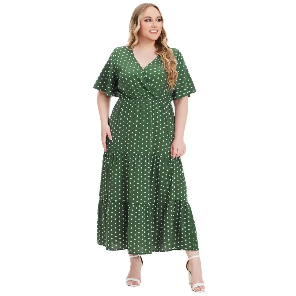 Plus Size Polka Dot Boho Maxi Dress - V-Neck & Short Sleeve - Thick & Beautiful