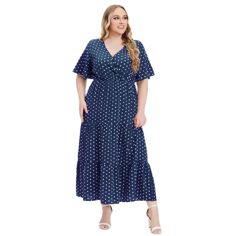 Plus Size Polka Dot Boho Maxi Dress - V-Neck & Short Sleeve - Thick & Beautiful