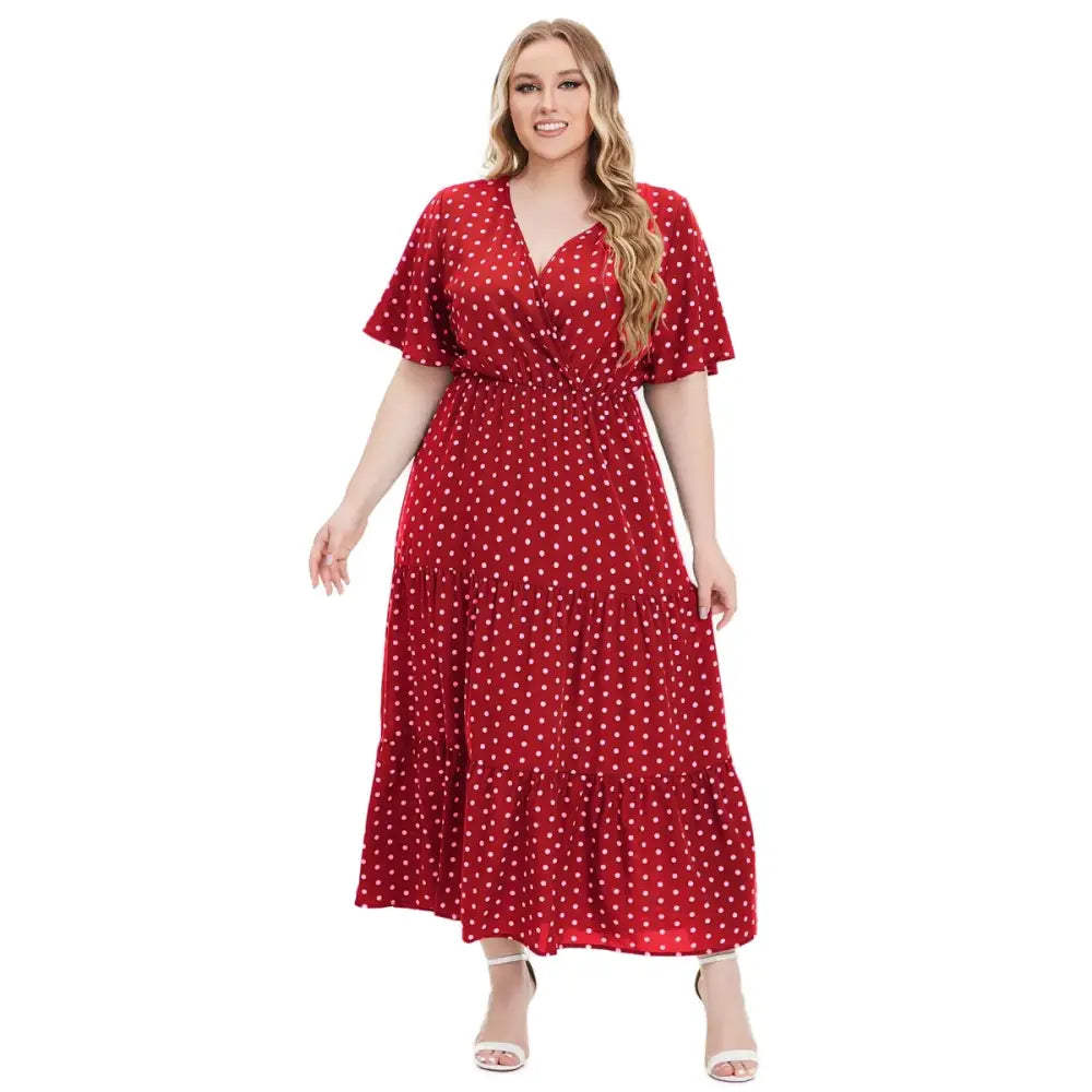 Plus Size Polka Dot Boho Maxi Dress - V-Neck & Short Sleeve