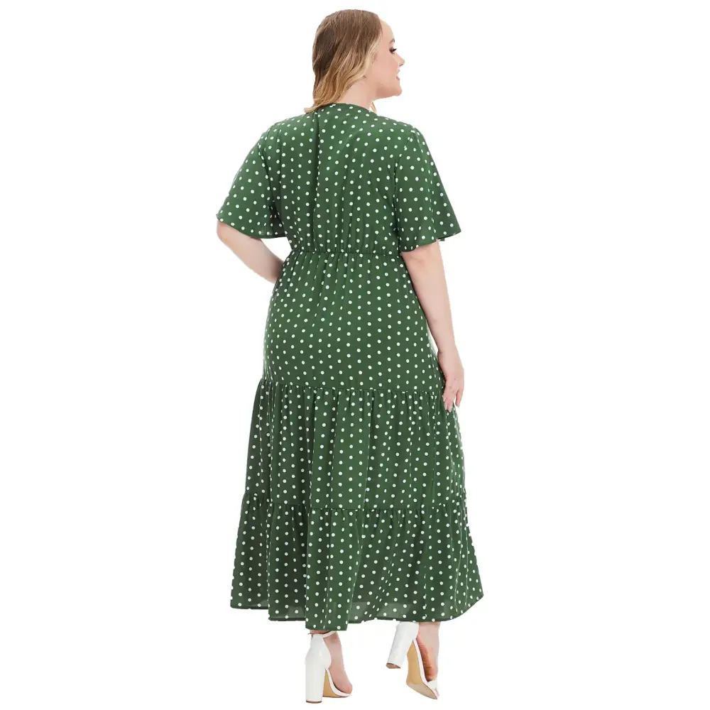 Plus Size Polka Dot Boho Maxi Dress - V-Neck & Short Sleeve - Thick & Beautiful