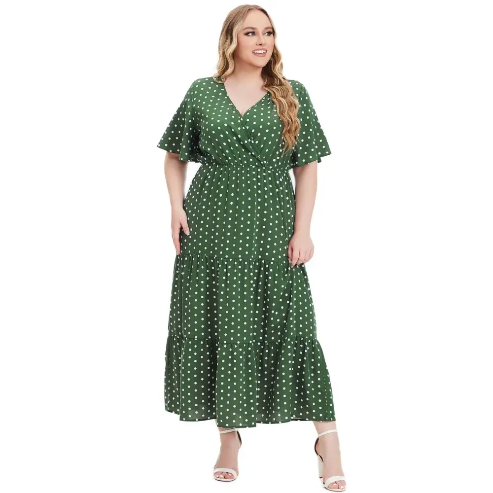 Plus Size Polka Dot Boho Maxi Dress - V-Neck & Short Sleeve - Thick & Beautiful