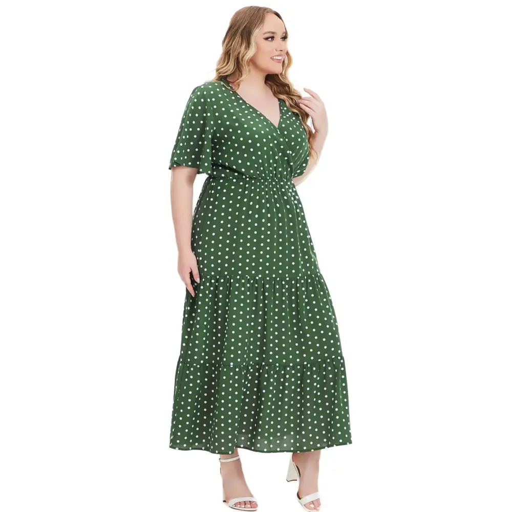 Plus Size Polka Dot Boho Maxi Dress - V-Neck & Short Sleeve - Thick & Beautiful