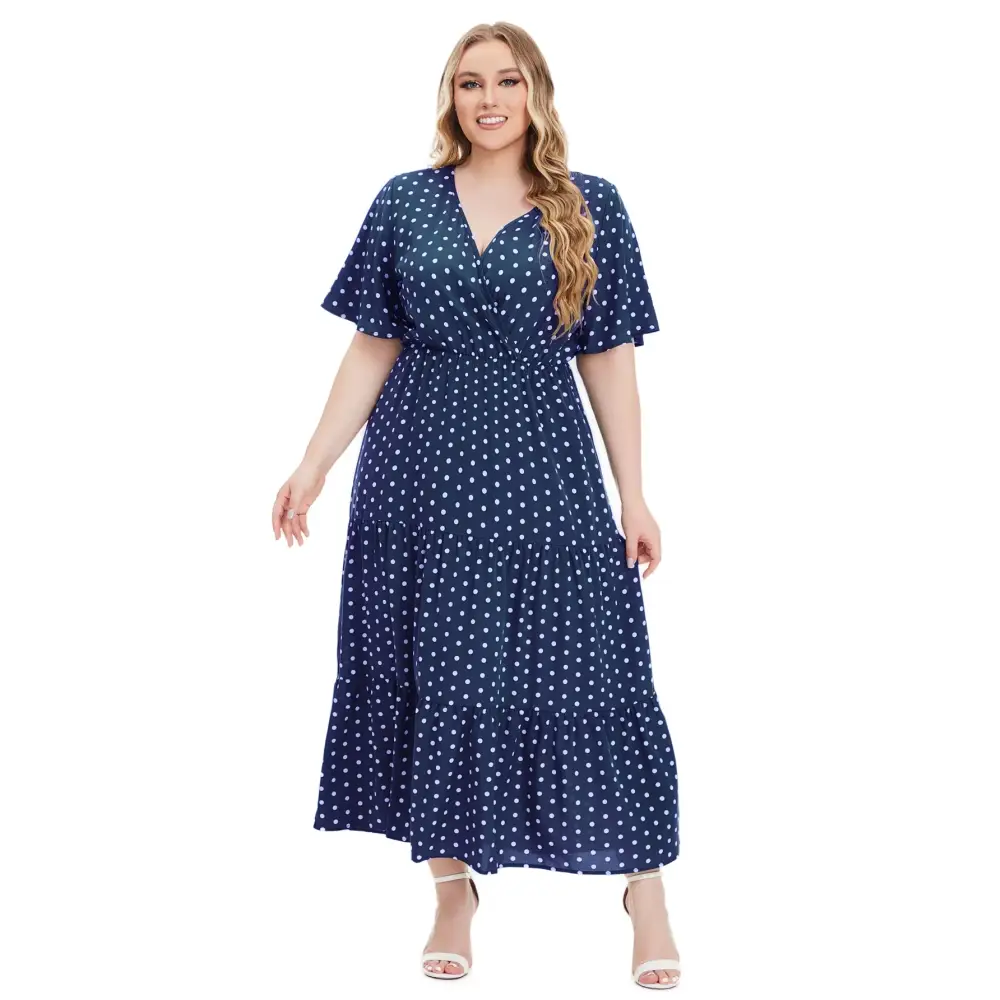 Plus Size Polka Dot Boho Maxi Dress - V-Neck & Short Sleeve - Thick & Beautiful