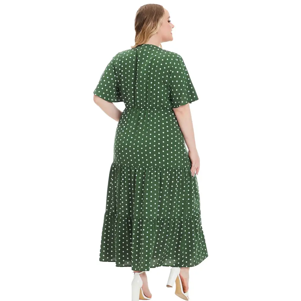 Plus Size Polka Dot Boho Maxi Dress - V-Neck & Short Sleeve - Thick & Beautiful