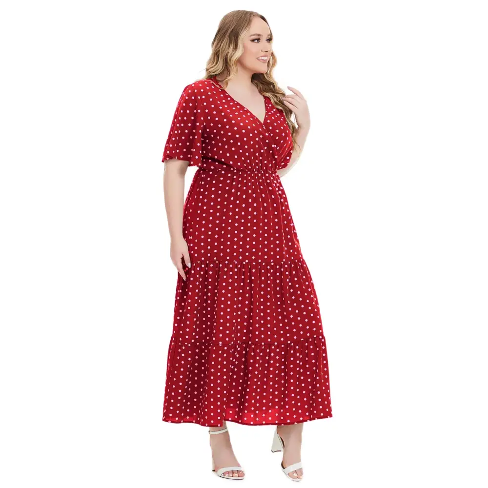 Plus Size Polka Dot Boho Maxi Dress - V-Neck & Short Sleeve - Thick & Beautiful