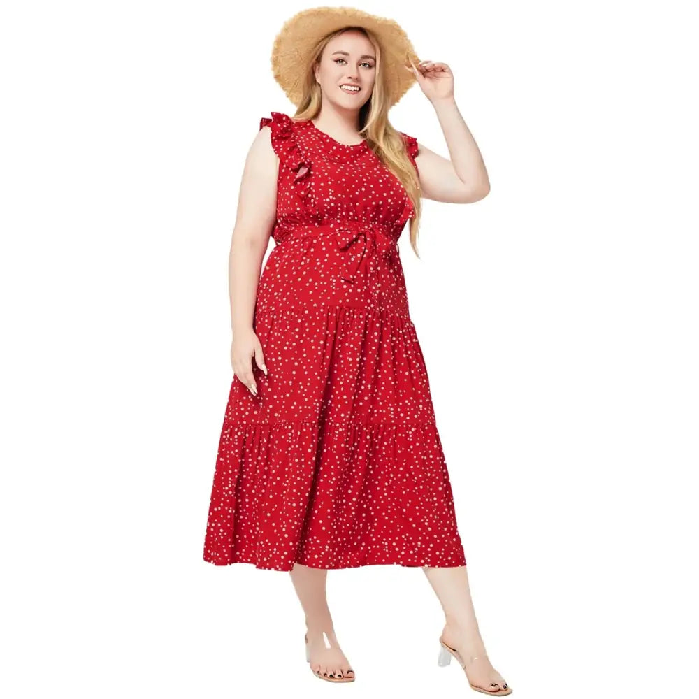 Plus Size Sleeveless Polka Dot A-Line Summer Dress for Women (Mid-Calf Length)