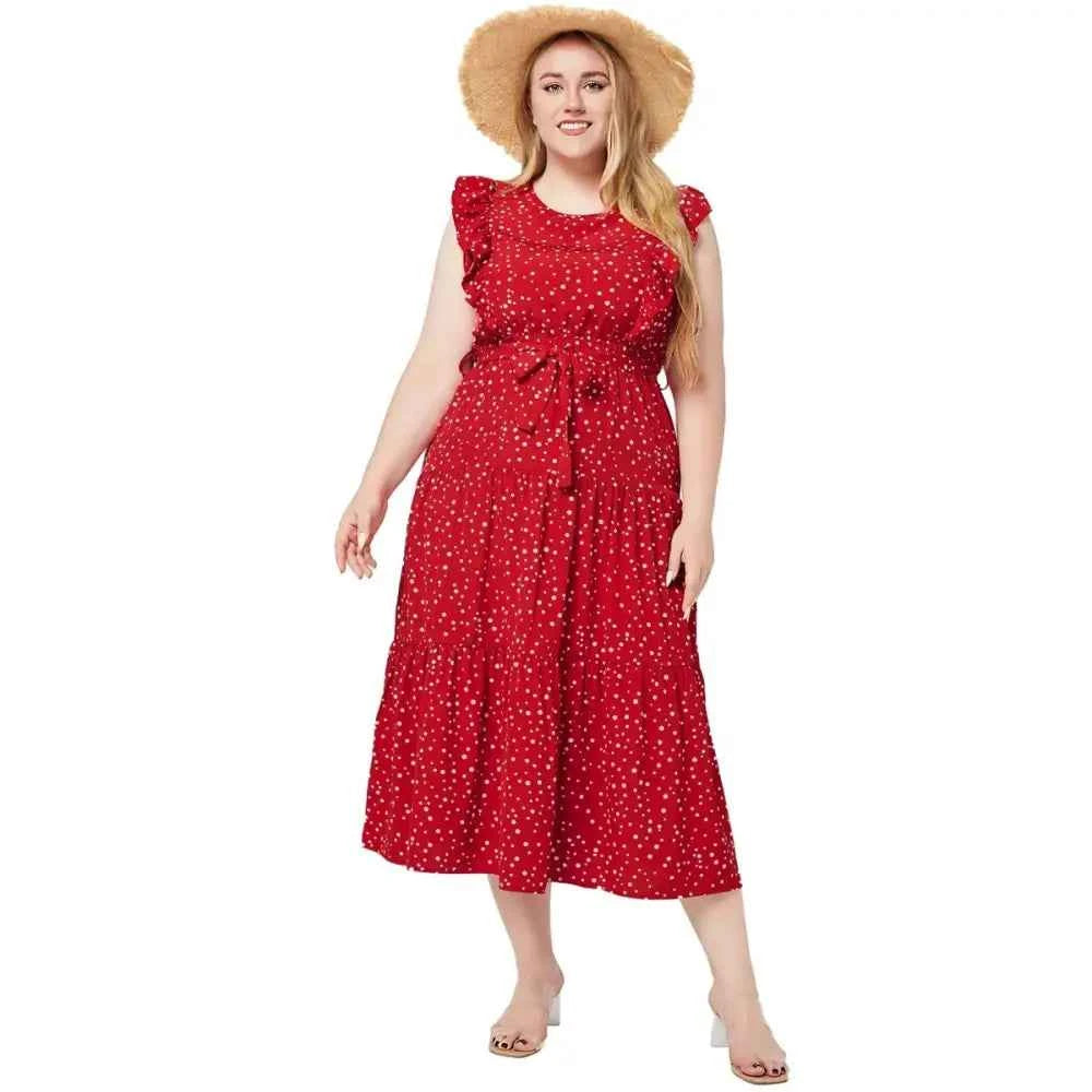 Plus Size Sleeveless Polka Dot A-Line Summer Dress for Women (Mid-Calf Length)