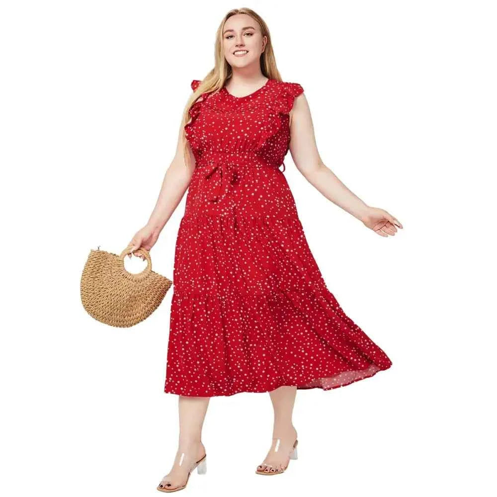 Plus Size Sleeveless Polka Dot A-Line Summer Dress for Women (Mid-Calf Length)