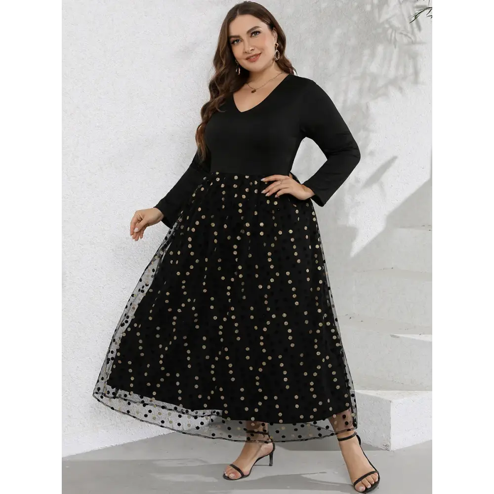 Plus Size Sequin Patchwork Maxi Dress - V-Neck & Long Sleeves - Thick & Beautiful