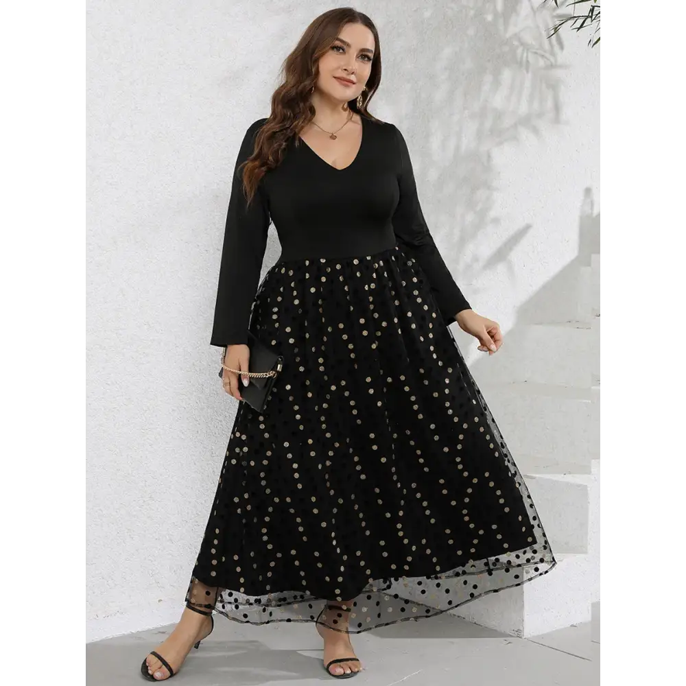 Plus Size Sequin Patchwork Maxi Dress - V-Neck & Long Sleeves - Thick & Beautiful