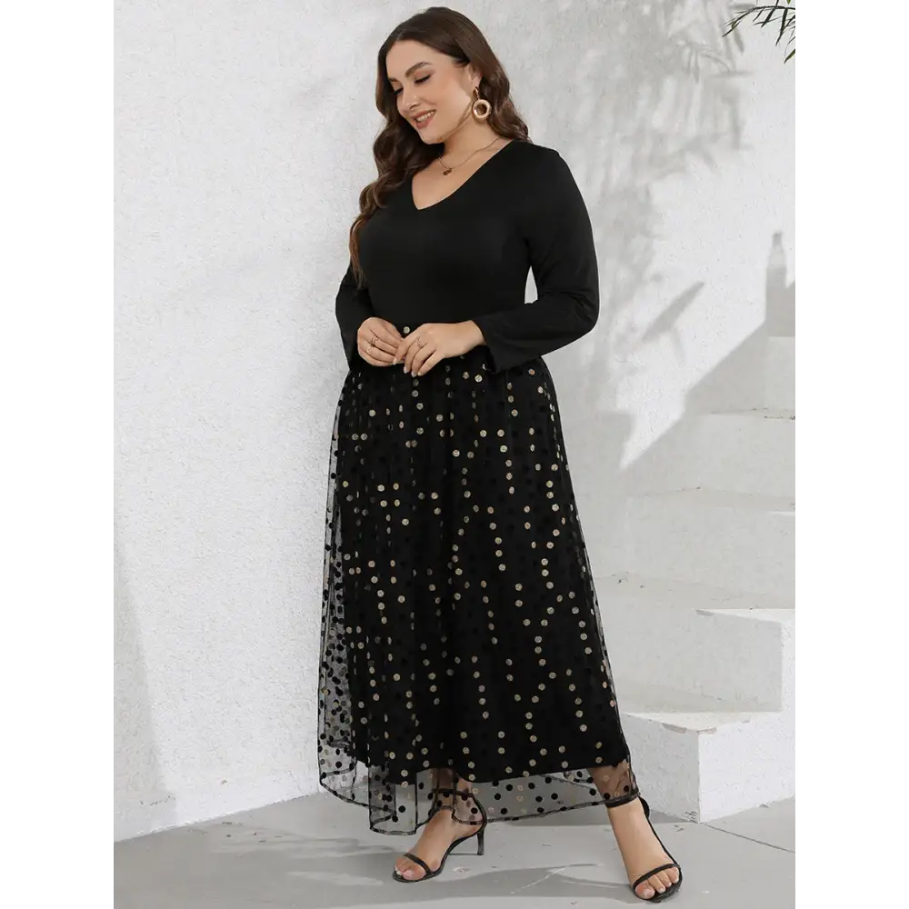 Plus Size Sequin Patchwork Maxi Dress - V-Neck & Long Sleeves - Thick & Beautiful