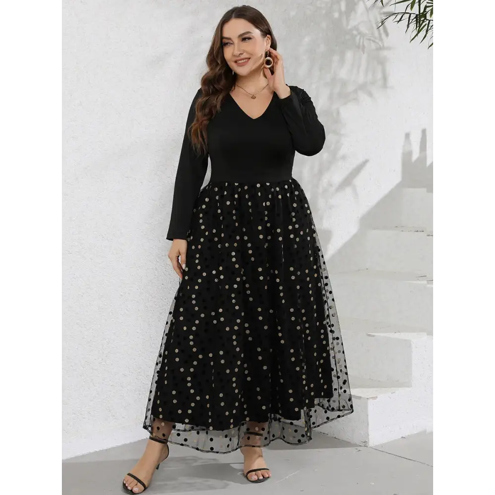 Plus Size Sequin Patchwork Maxi Dress - V-Neck & Long Sleeves - Thick & Beautiful