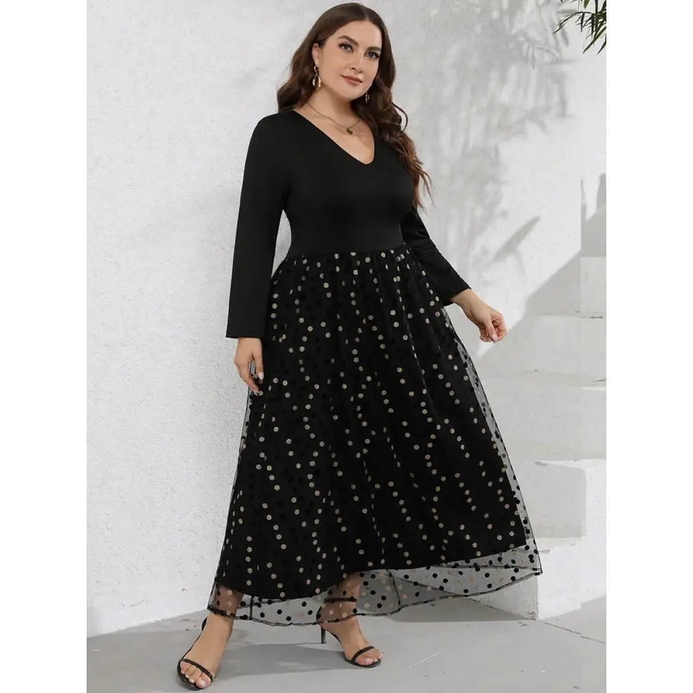 Plus Size Sequin Patchwork Maxi Dress - V-Neck & Long Sleeves - Thick & Beautiful
