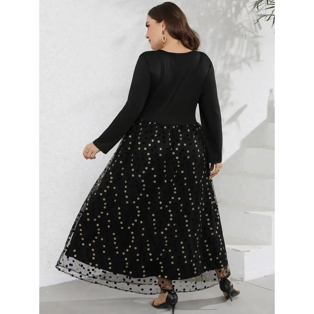 Plus Size Sequin Patchwork Maxi Dress - V-Neck & Long Sleeves - Thick & Beautiful