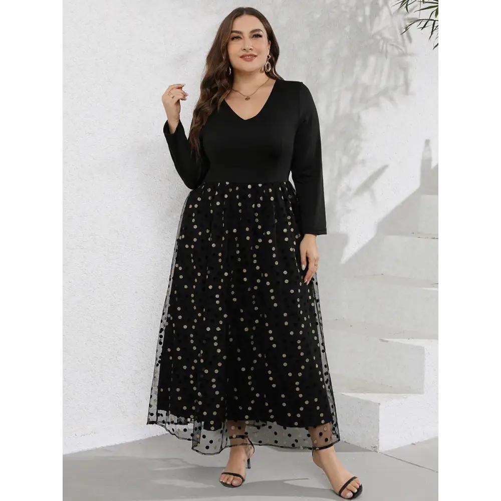 Plus Size Sequin Patchwork Maxi Dress - V-Neck & Long Sleeves - Thick & Beautiful