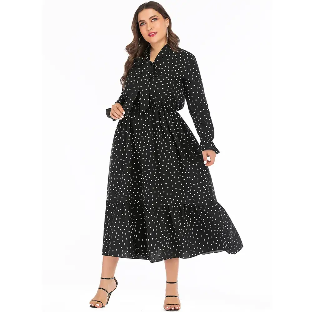 Plus Size Polka Dot Shirt Dress - Bow Tie & Long Sleeve - Thick & Beautiful