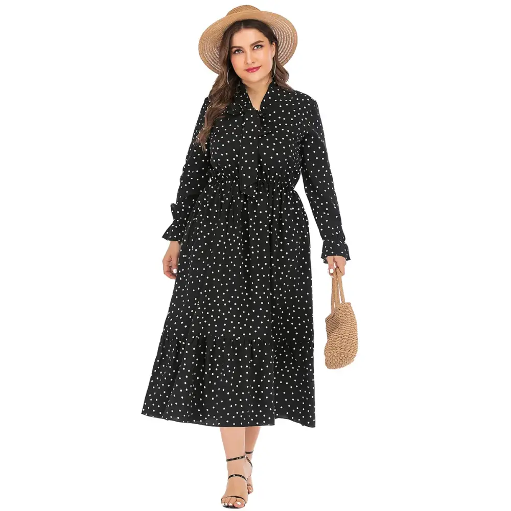 Plus Size Polka Dot Shirt Dress - Bow Tie & Long Sleeve - Thick & Beautiful