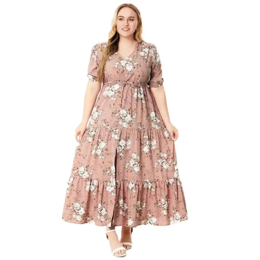 Plus Size Boho Floral Maxi Dress - V-Neck & Adjustable Sash