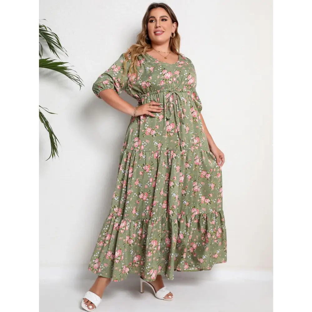 Plus Size Boho Floral Maxi Dress - V-Neck & Adjustable Sash - Thick & Beautiful