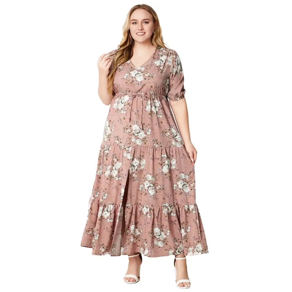 Plus Size Boho Floral Maxi Dress - V-Neck & Adjustable Sash - Thick & Beautiful