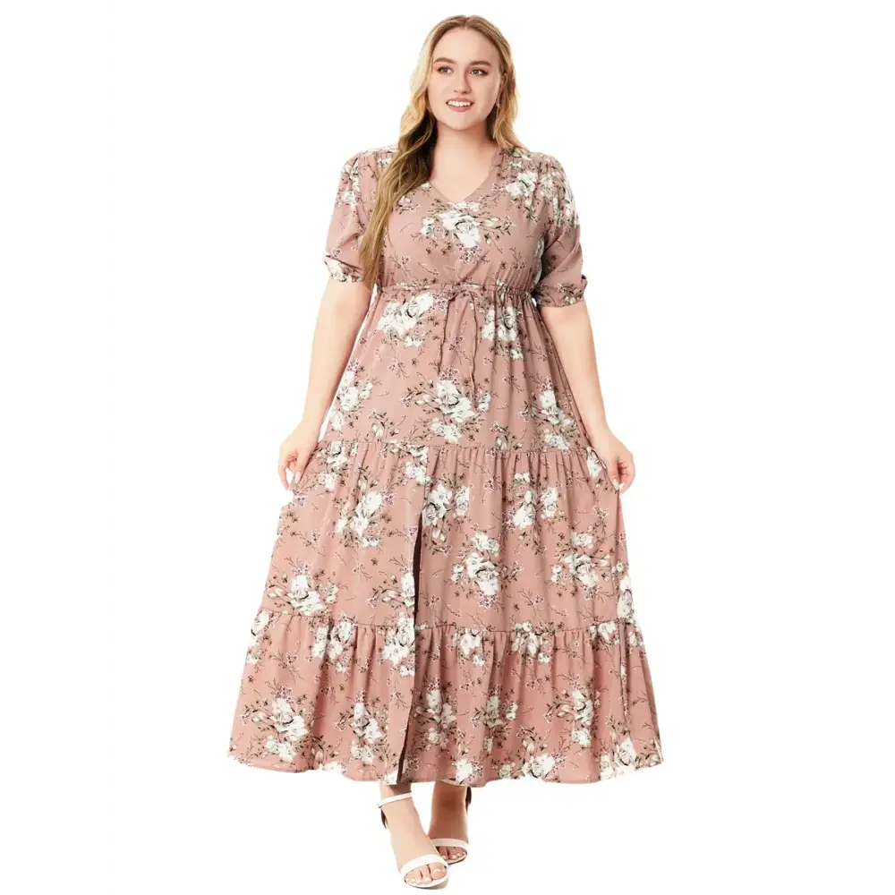 Plus Size Boho Floral Maxi Dress - V-Neck & Adjustable Sash - Thick & Beautiful
