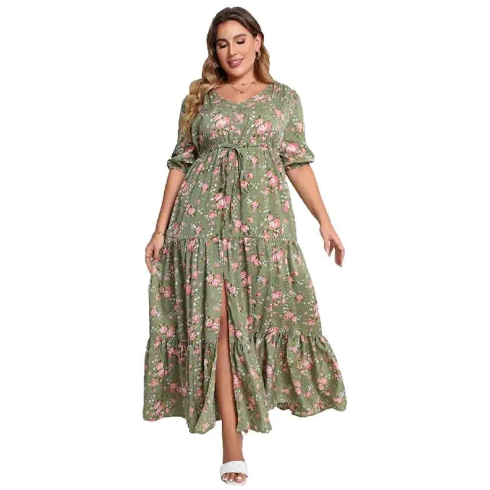 Plus Size Boho Floral Maxi Dress - V-Neck & Adjustable Sash