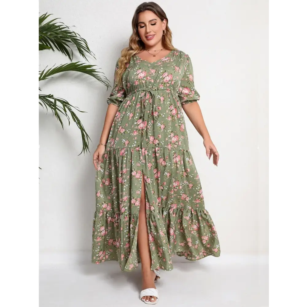 Plus Size Boho Floral Maxi Dress - V-Neck & Adjustable Sash - Thick & Beautiful
