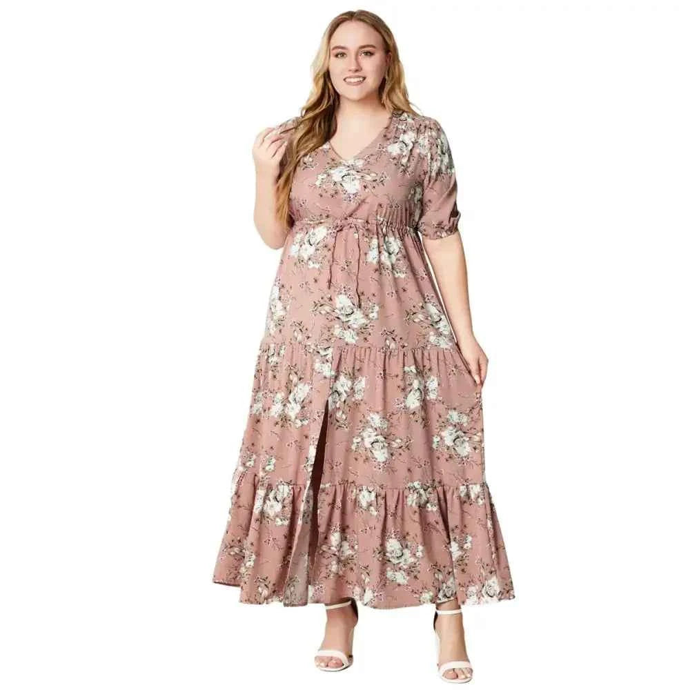 Plus Size Boho Floral Maxi Dress - V-Neck & Adjustable Sash