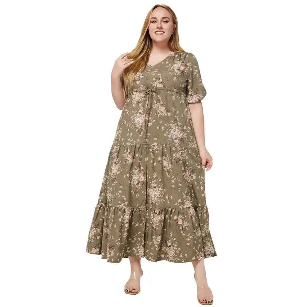 Plus Size Boho Floral Maxi Dress - V-Neck & Adjustable Sash