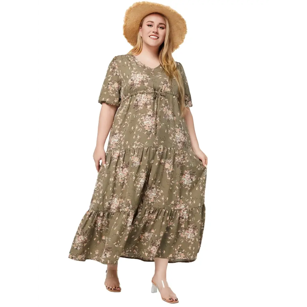 Plus Size Boho Floral Maxi Dress - V-Neck & Adjustable Sash - Thick & Beautiful