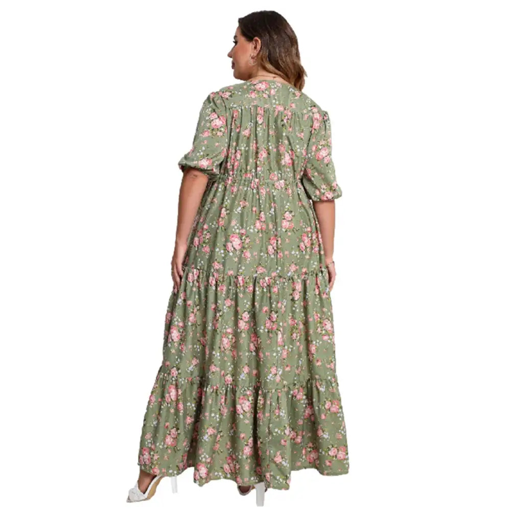 Plus Size Boho Floral Maxi Dress - V-Neck & Adjustable Sash
