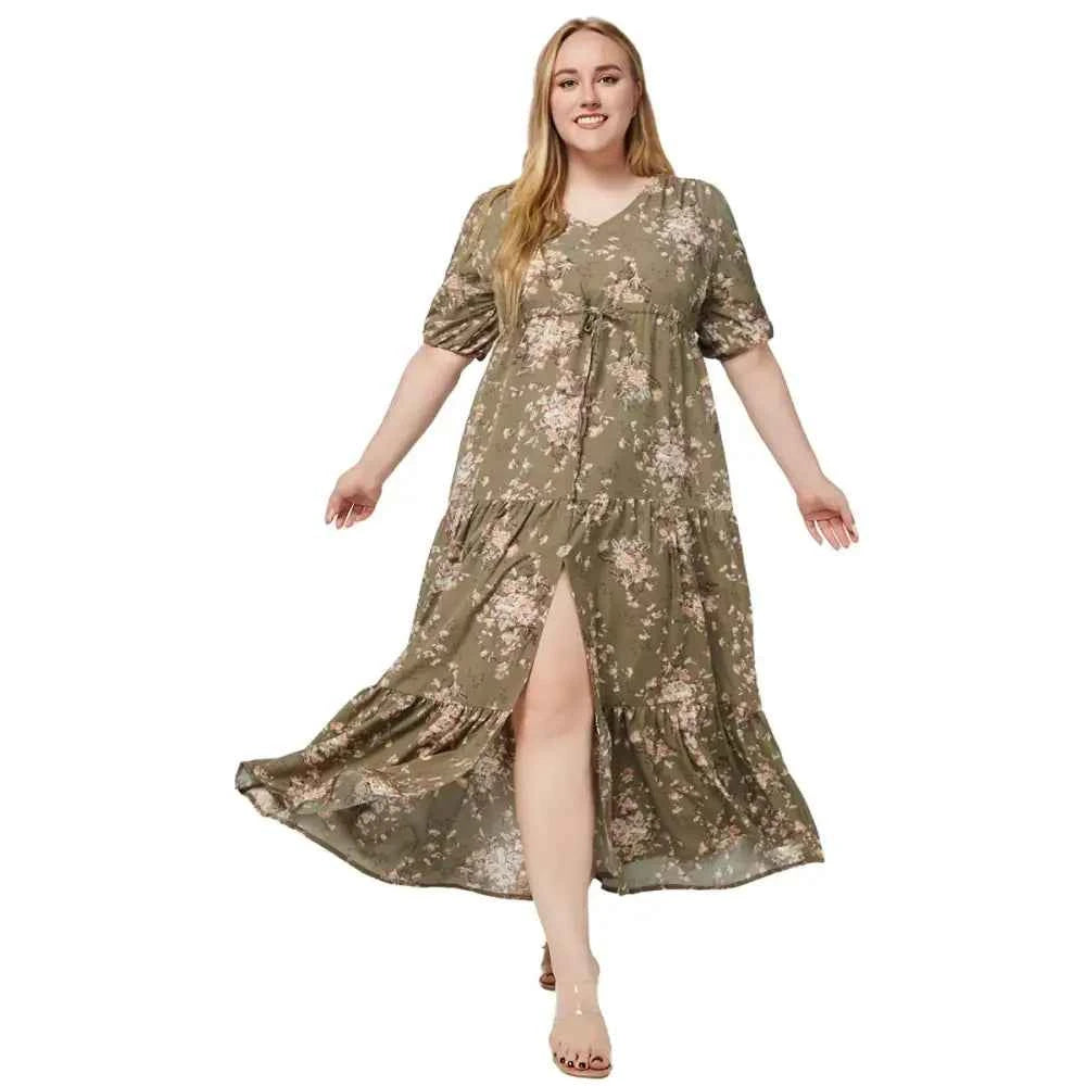 Plus Size Boho Floral Maxi Dress - V-Neck & Adjustable Sash