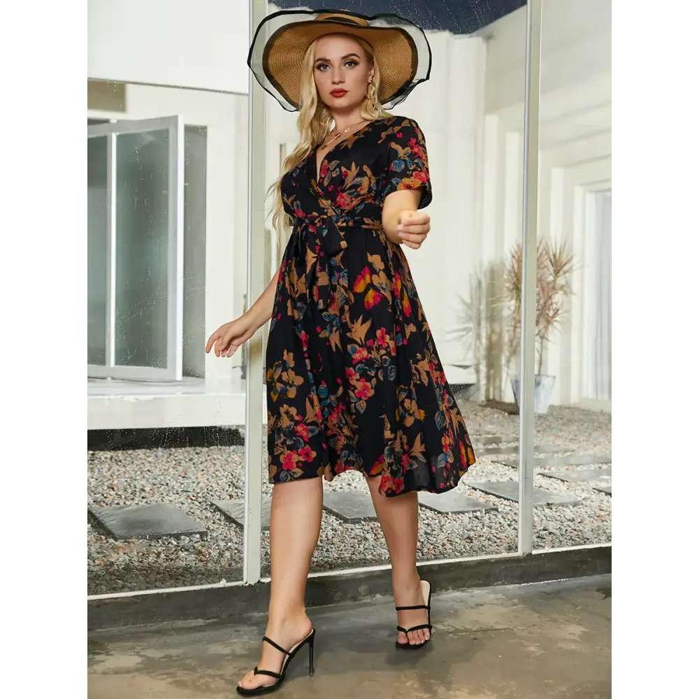 Plus Size Floral Midi Dress - V-Neck & Belted Waist