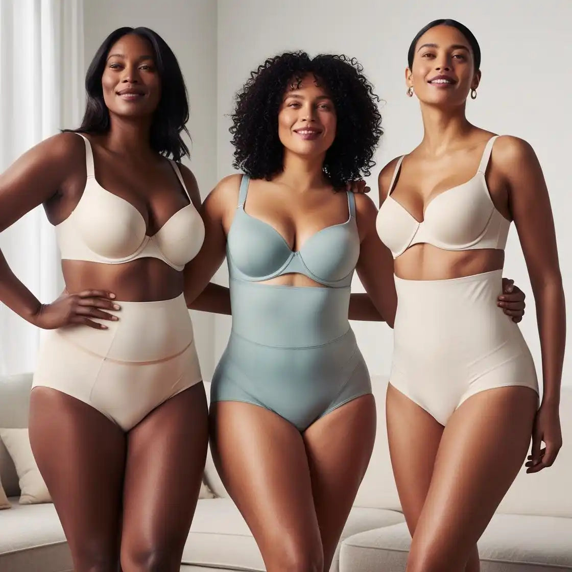 Three women wearing bras and high-waisted underwear.
