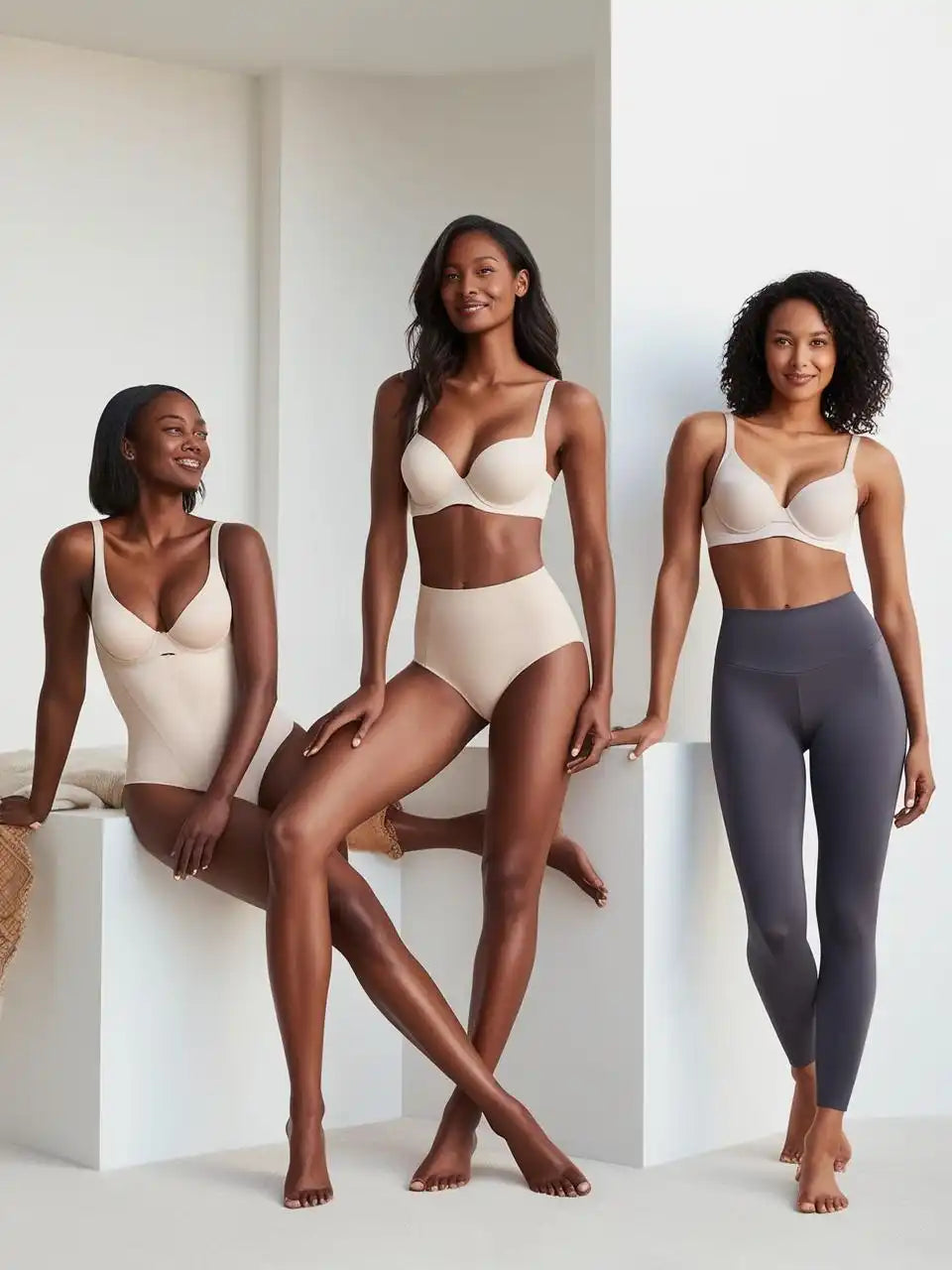 Three women wearing bras and underwear.