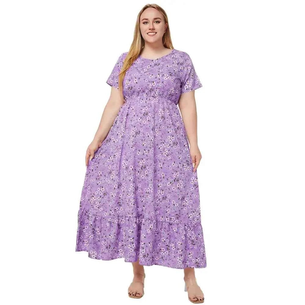 Plus Size Boho Floral Dress - O-Neck with Pockets