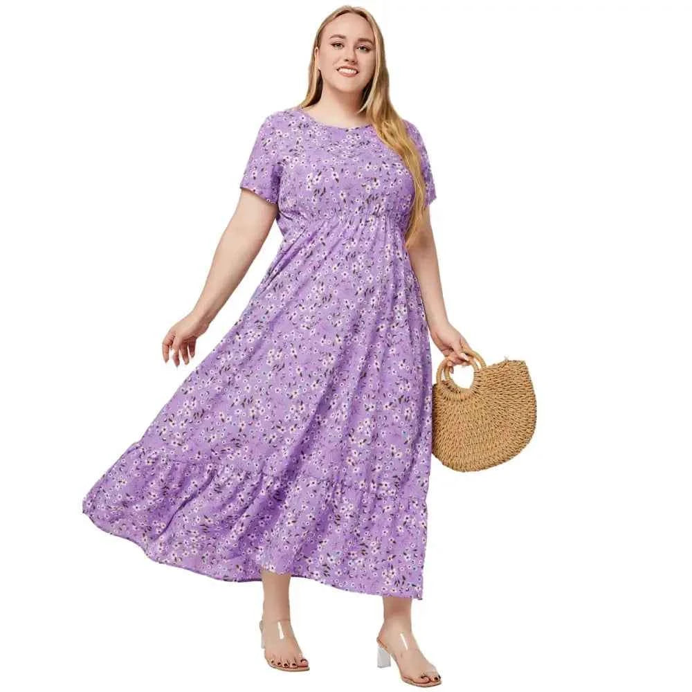 Plus Size Boho Floral Dress - O-Neck with Pockets