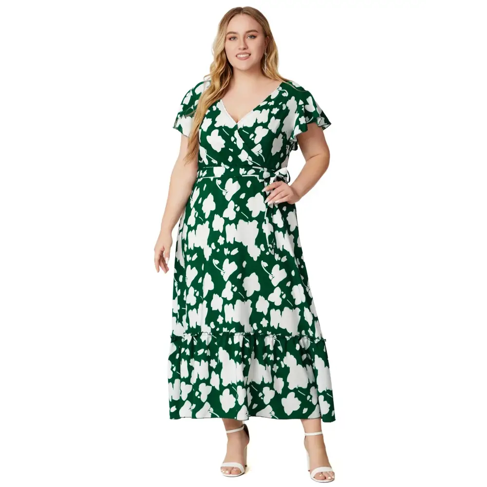 Plus Size Boho Floral Maxi Dress - V-Neck & Sash Tie - Thick & Beautiful