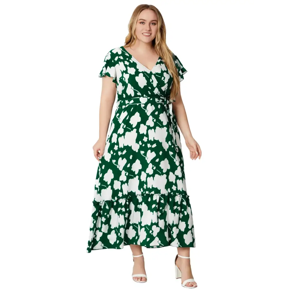 Plus Size Boho Floral Maxi Dress - V-Neck & Sash Tie - Thick & Beautiful